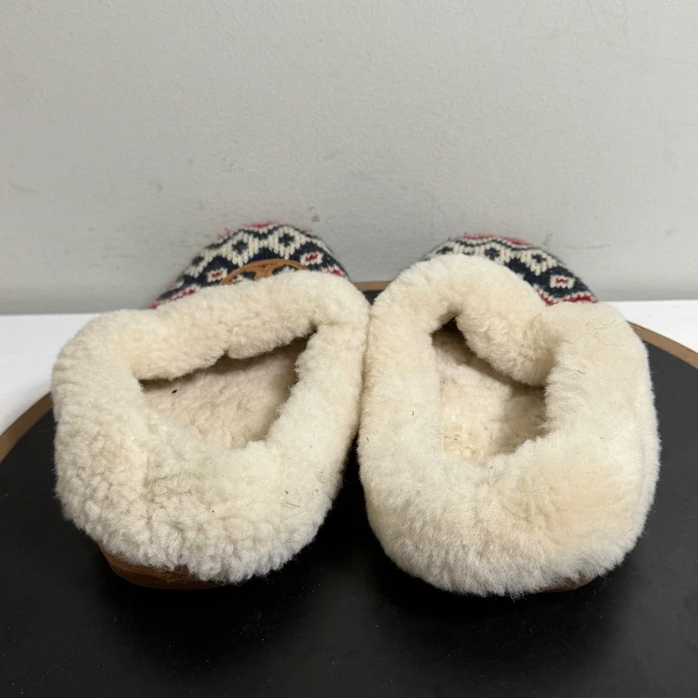 Tory Burch Shearling Slippers Women US 8 Fair Isle Knit Cozy House Shoes Indoors